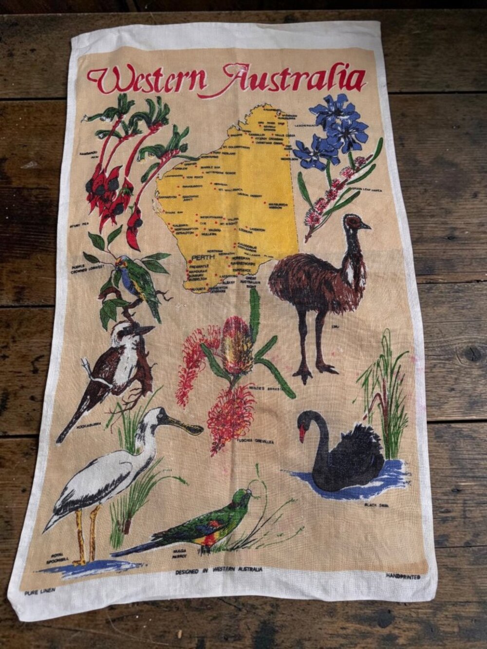 Vintage Western Australia Pure Linen Tea Towel Handprinted Czechoslovakia Flora